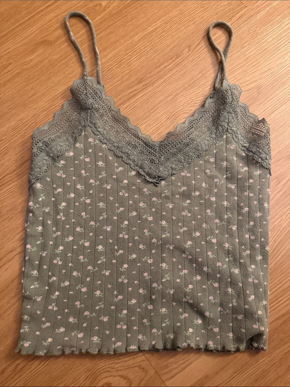 American Eagle Olive Green Cropped Cami with Pink Flowers